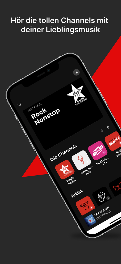 Virgin Radio Switzerland app interface displaying different music channels and the live rock nonstop stream