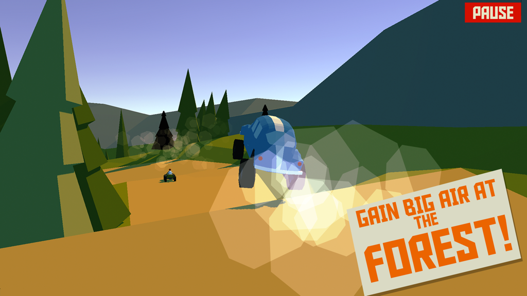 PAKO - Car Chase Simulator - Blue car jumping in a low-poly forest environment in PAKO Car Chase Simulator