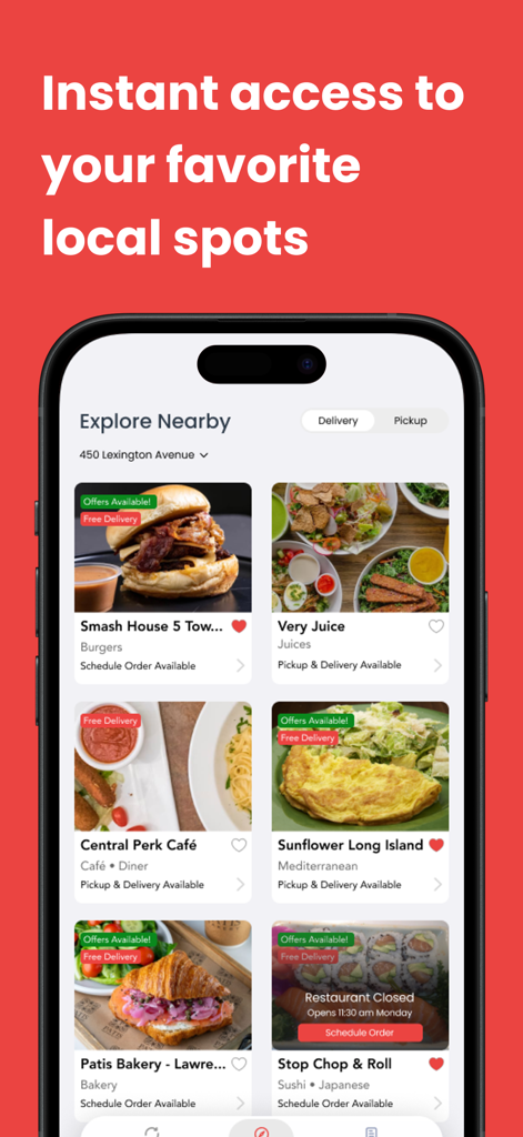 Sauce Reorder - Mobile app interface of Sauce Reorder showing local restaurant options and food images under the Explore Nearby section.