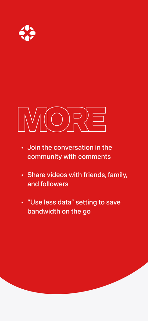 Pantalla de la aplicación IGN que muestra funciones adicionales, incluyendo comentarios de la comunidad, compartir videos y configuraciones de ahorro de datos sobre un fondo rojo.