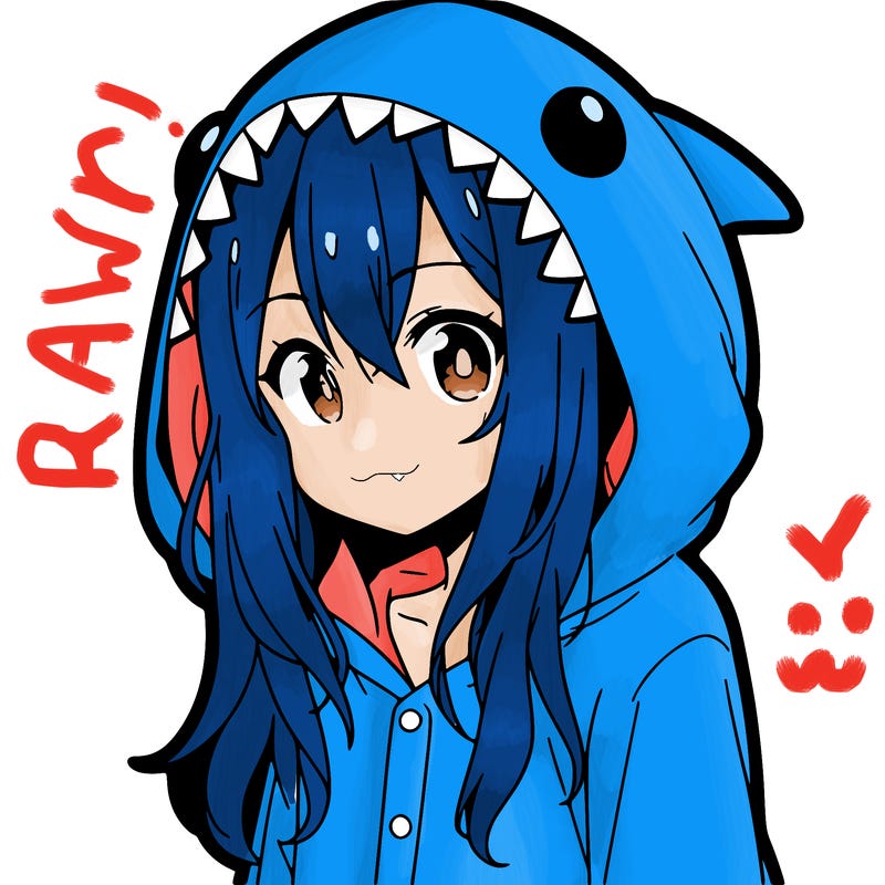 young anime girl in shark pajamas
