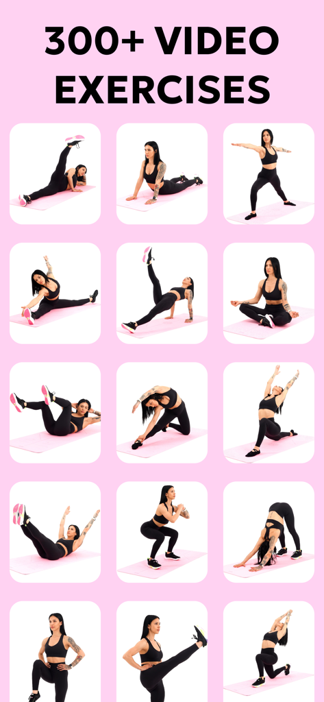 Buttocks and Legs Workout - A grid showing over 300 video exercise tutorials for women fitness