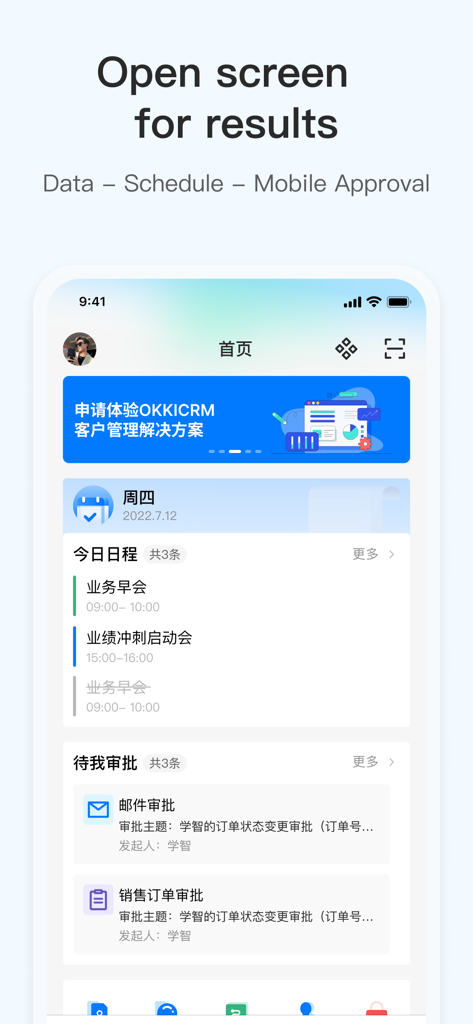 OKKI CRM mobile dashboard showing schedule and business approval workflows
