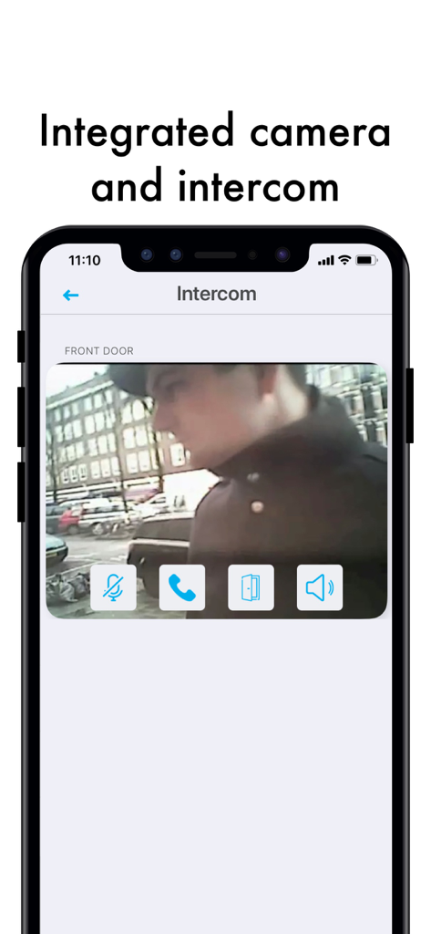 xxter - Um smartphone exibindo a interface integrada de câmera e intercomunicador do aplicativo xxter para uma porta da frente