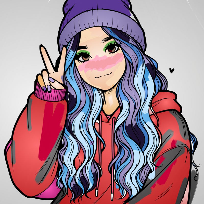 a teenage girl in a beanie, oversized sweatshirt, wavy long hair, and is showing a ✌️