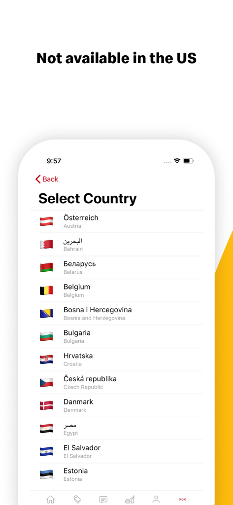 McDonald's mobile app interface showing a list of countries for selection including Austria Bahrain and Belarus