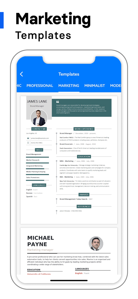 Professional marketing resume templates displayed on a mobile app screen.