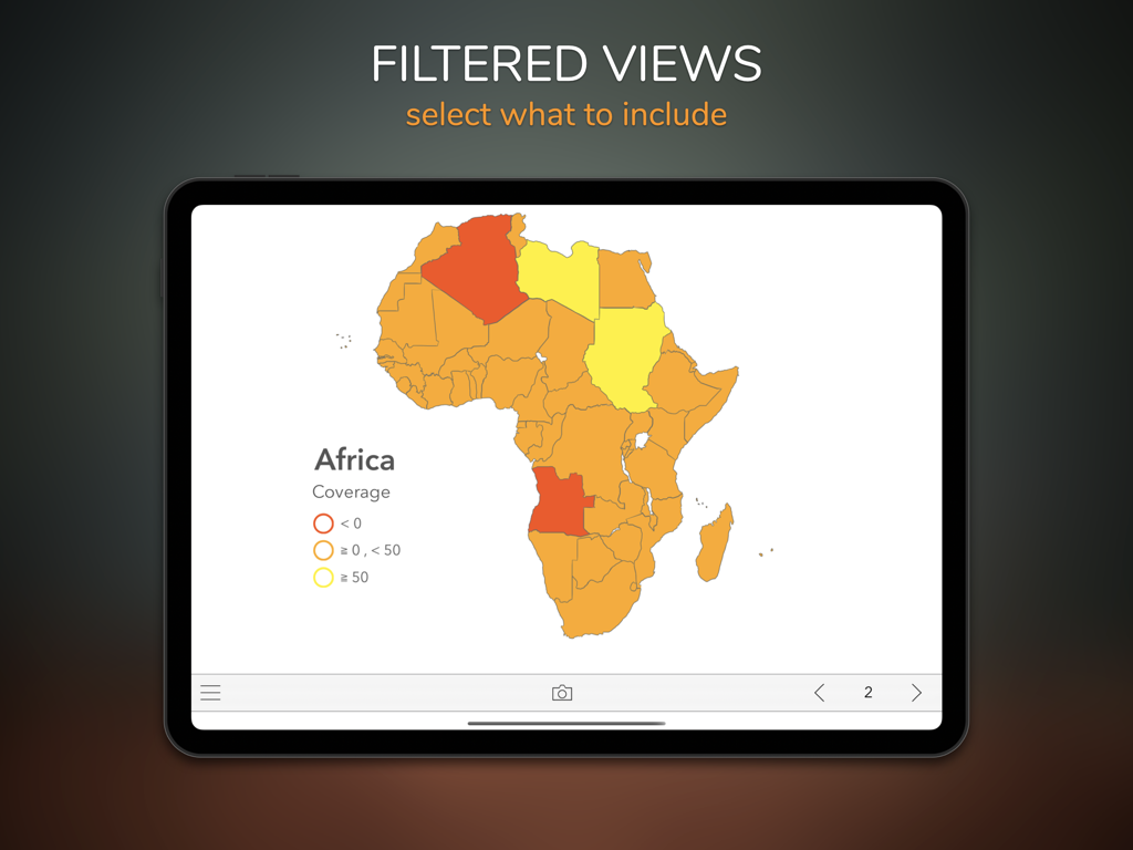 Thematics+ for Infographics - iPad-Anzeige der Thematics plus App mit einer farbkodierten thematischen Karte von Afrika mit Datenfiltern