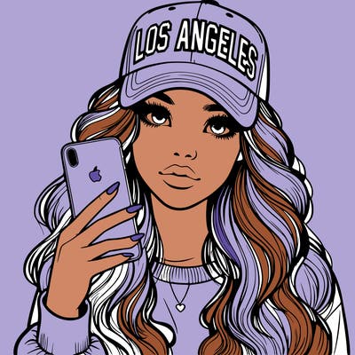 realistic beautiful girl wearing los ángeles cap holding an iphone