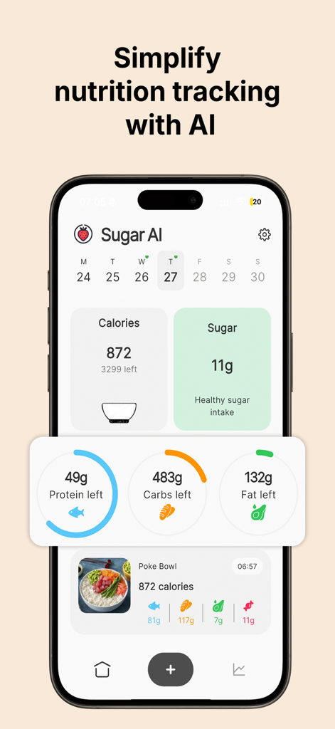 Sugar Ai app dashboard displaying daily calorie counts sugar levels and macro progress rings for protein carbs and fat