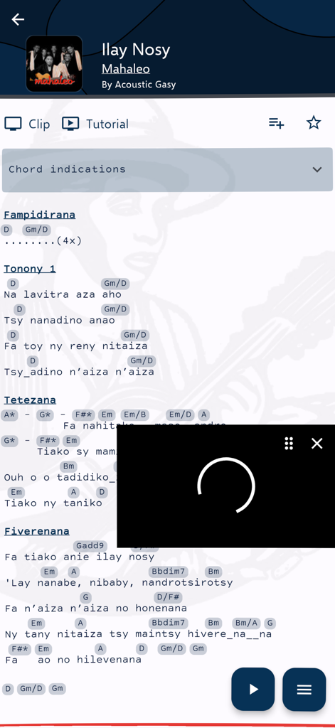 iTendry - Interfaz de la aplicación iTendry que muestra letras y acordes para una canción malgache.