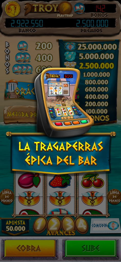 Troya - Máquina Tragaperras - Gameplay screen of Troya Máquina Tragaperras social casino game showing fruit symbols and Greek mythology theme