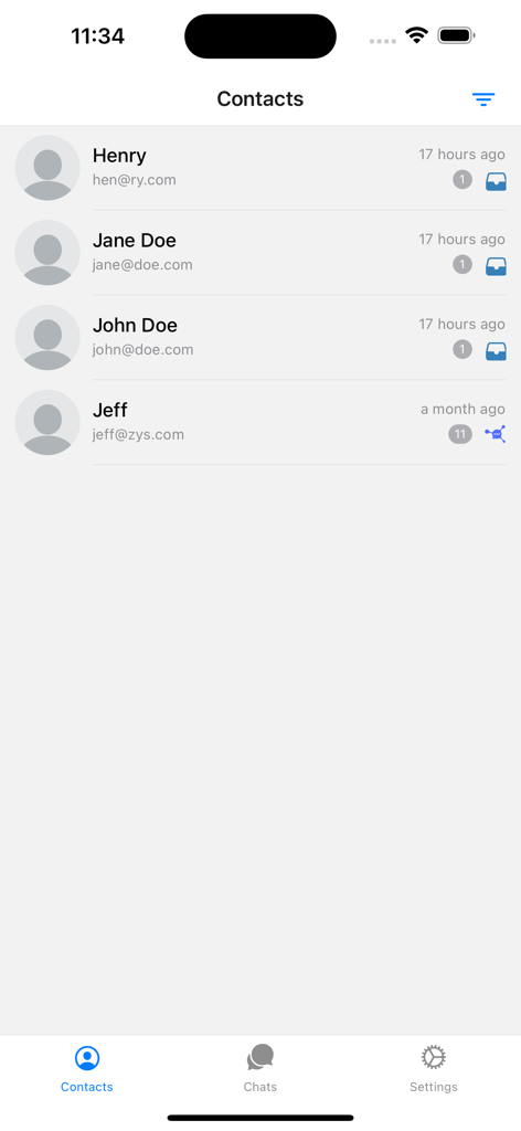 Anychat.one - Anychat mobile app screen showing a list of customer contacts with their names emails and last active times