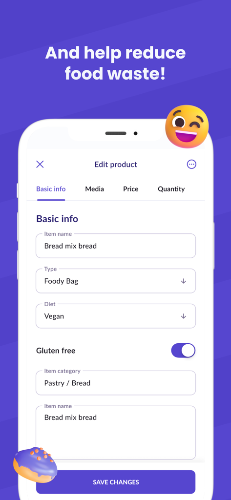 Pantalla de edición de producto de la App para Dueños de Tiendas Foody Bag para gestionar listados de comida excedente.