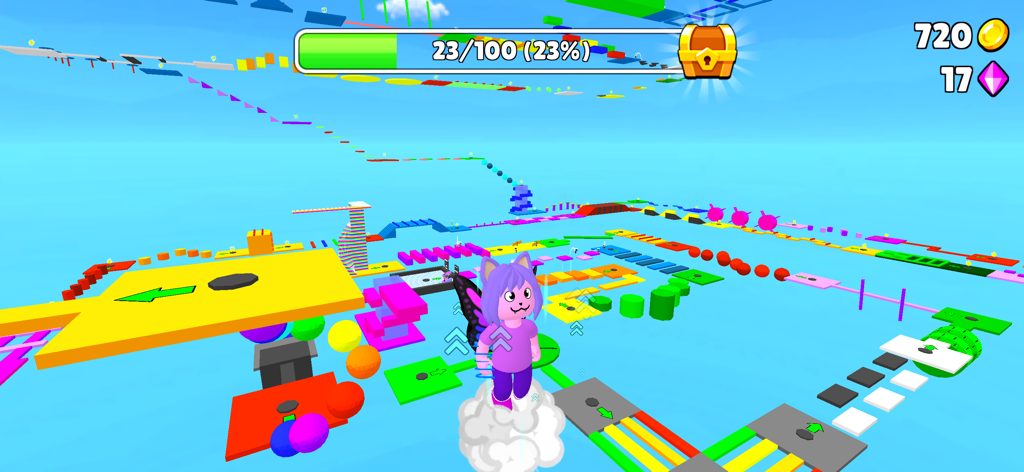 Obby Parkour: Runner Game - Um personagem com cabelo roxo em uma nuvem em um curso de obstáculos 3D vibrante com plataformas flutuantes.