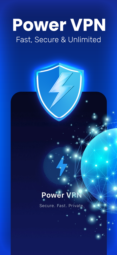 Power VPN - Fast WiFi & Proxy - Power VPN App-Oberfläche mit einem blauen Sicherheitsschild und einem Blitz-Symbol