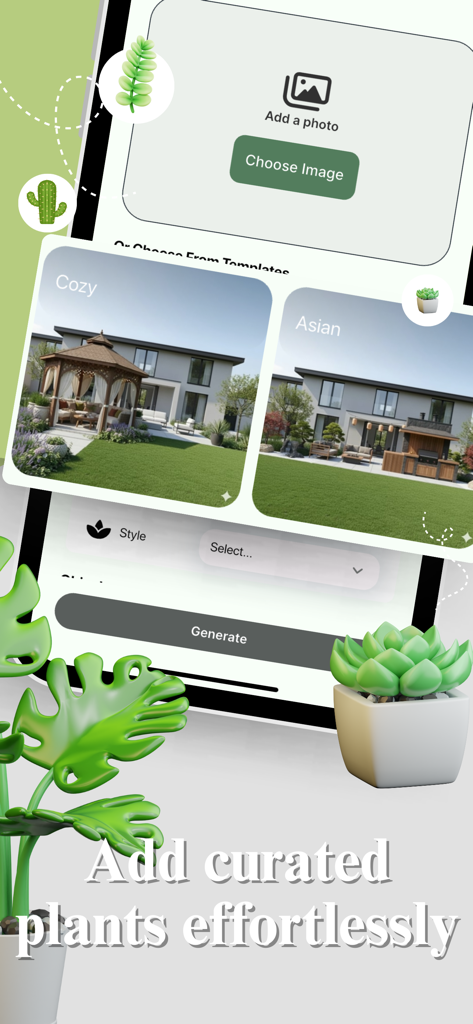 Mobile app interface showing garden design styles and plant selection