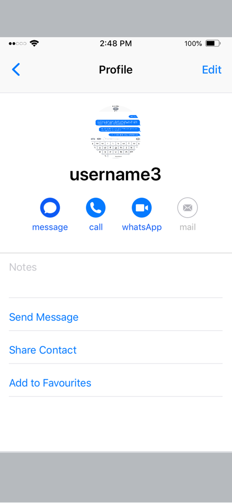 Contact profile screen in the MeMi Message app with message call and WhatsApp buttons