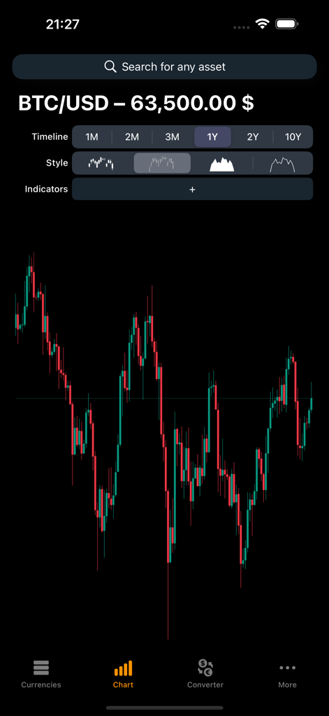 CryptoView - CryptoViewモバイルアプリは、テクニカル指標と1年間のタイムラインを備えたBTCからUSDへのローソク足チャートを表示しています。