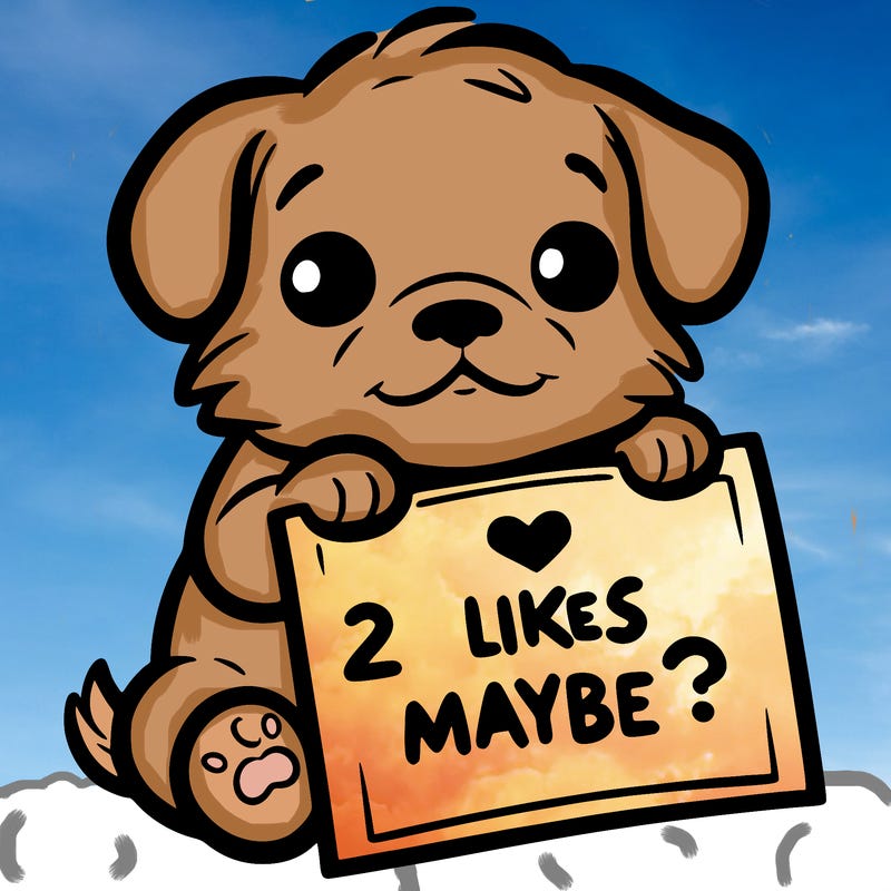 a puppy holding a sign that says 2 likes maybe?