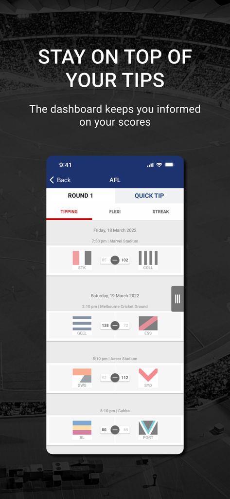 footytips - Footy Tipping App - La interfaz de la aplicación footytips muestra los resultados de los partidos de la AFL y los resultados de los pronósticos