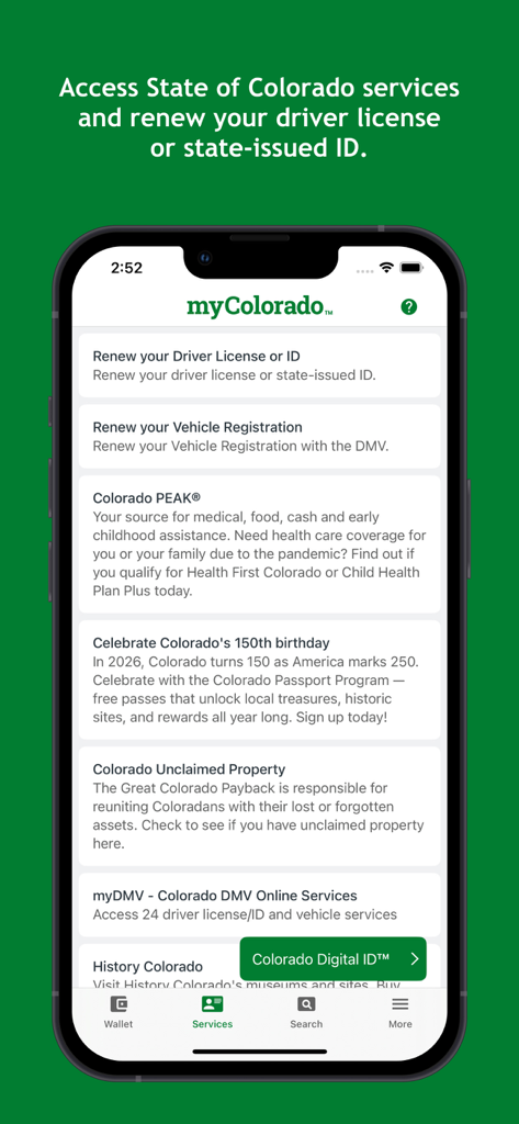 myColorado™ - Lista de servicios de la aplicación myColorado para renovación de licencia de conducir y registro de vehículo