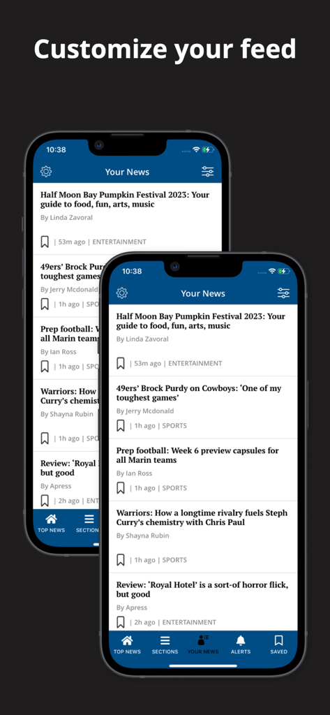 Marin Independent Journal News - Marin Independent Journal app showing a personalized news feed on an iPhone with local California stories and entertainment reviews