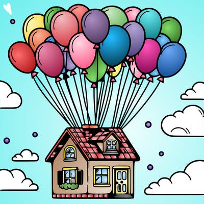 house floating from lots of balloons