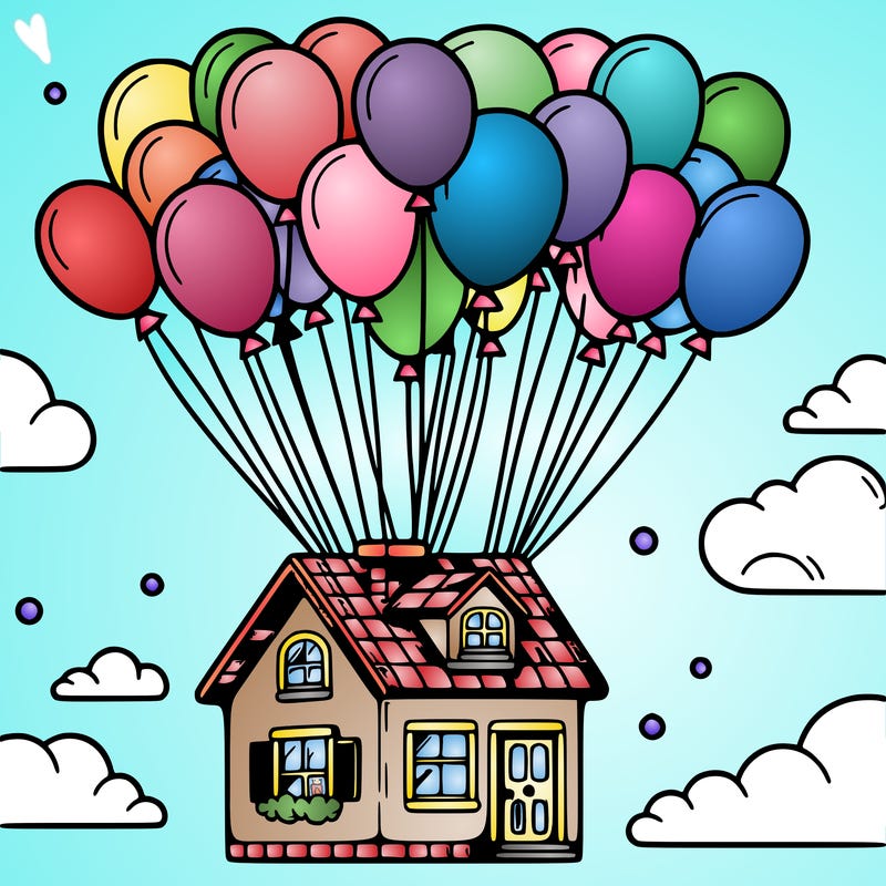 house floating from lots of balloons
