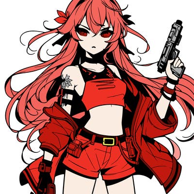 bad girl wearing crop top holding a gun long hair anime