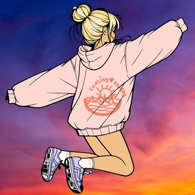realistic girl jumping with a bun and oversized sweatshirt