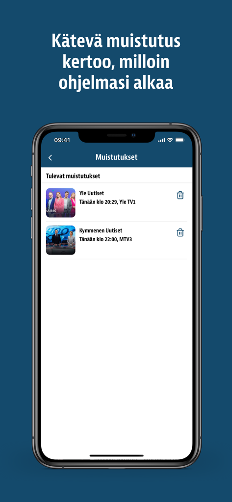 Telkku - TV-opas - Smartphone screen showing upcoming program reminders in the Telkku TV guide app