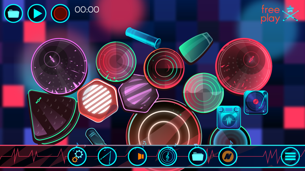 Vibrant neon interface of the Electronic Drums app featuring various geometric drum pads and music controls