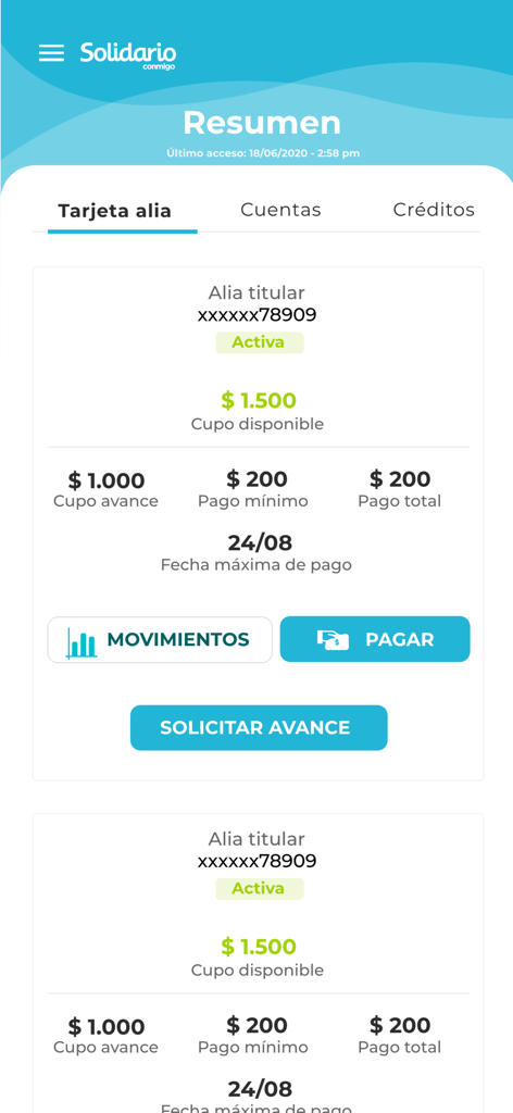 Banco Solidario mobile app summary screen showing active Alia credit card details and balance