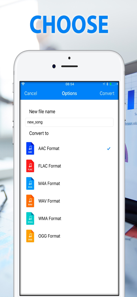 Interfaccia dell'app Convertitore MP3 che mostra le opzioni per scegliere i formati audio di output inclusi AAC, FLAC e WAV