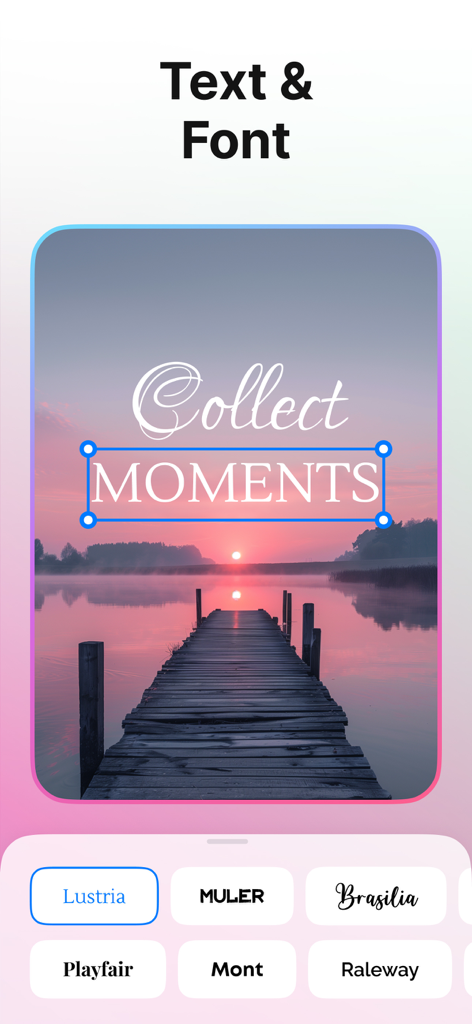 PhotoCut app interface showing text overlay and font selection options on a sunset landscape photo