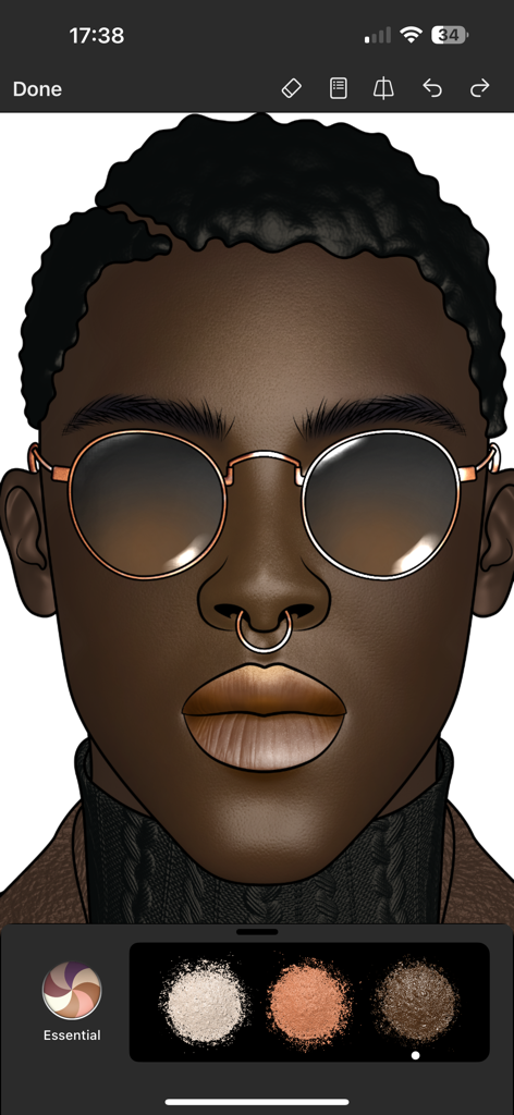 Digital face chart with realistic makeup textures on a dark skin tone model with sunglasses.