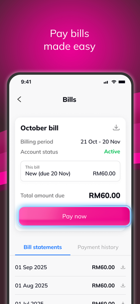 Écran de l'application mobile My Astro affichant le montant de la facture et le bouton Payer maintenant.