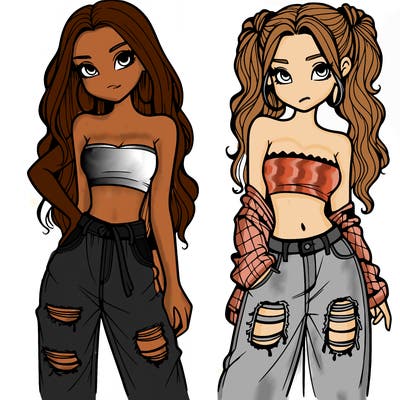 2 girls in crop tops and baggy jeans ripped