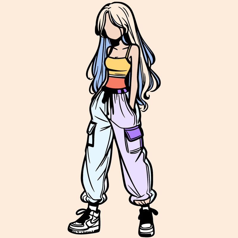 girl in baggy pants crop top and long hair