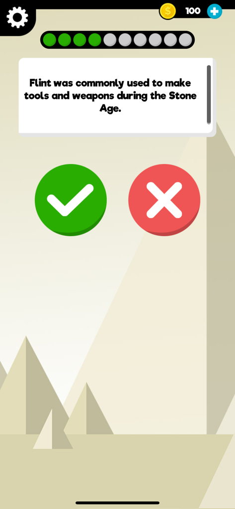 History: Quiz Game & Trivia - Una pregunta de verdadero o falso sobre herramientas de la Edad de Piedra en una aplicación de juego de trivia