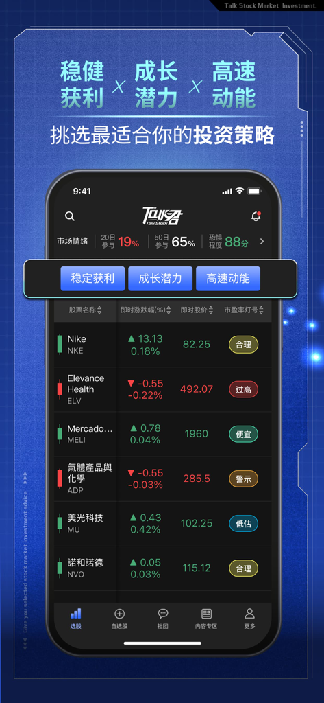 投資Talk君 - Interface of the Investment Talk-Jun app displaying stock investment strategies and market data in Traditional Chinese.