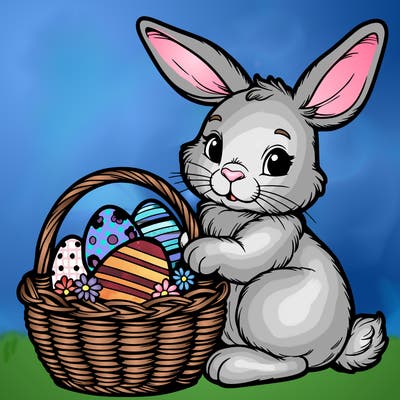easter bunny with a basket with eggs realistic