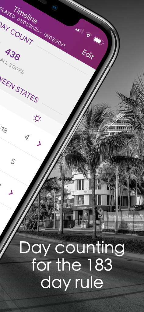 TrackingStates app interface showing day counting for the 183 day tax residency rule