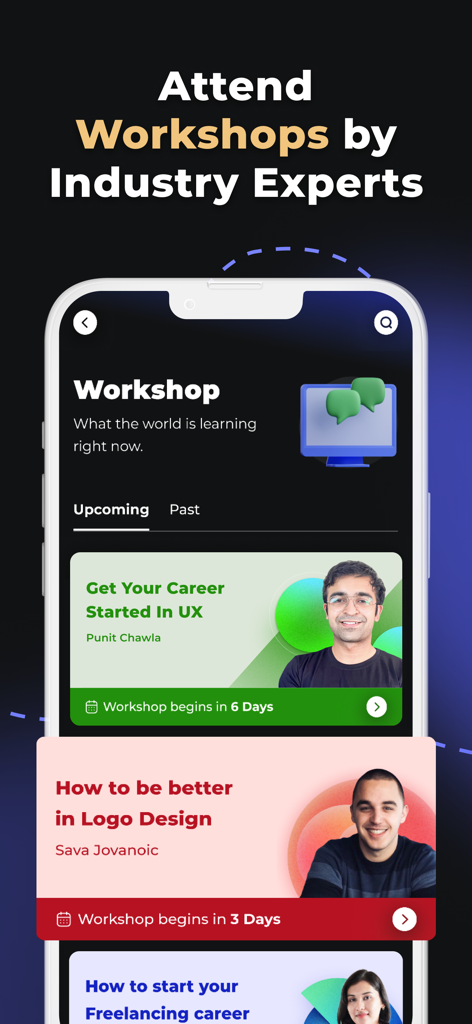 ProApp: Online Design Courses - ProApp mobile screen showing upcoming design workshops by industry experts like Punit Chawla and Sava Jovanoic.
