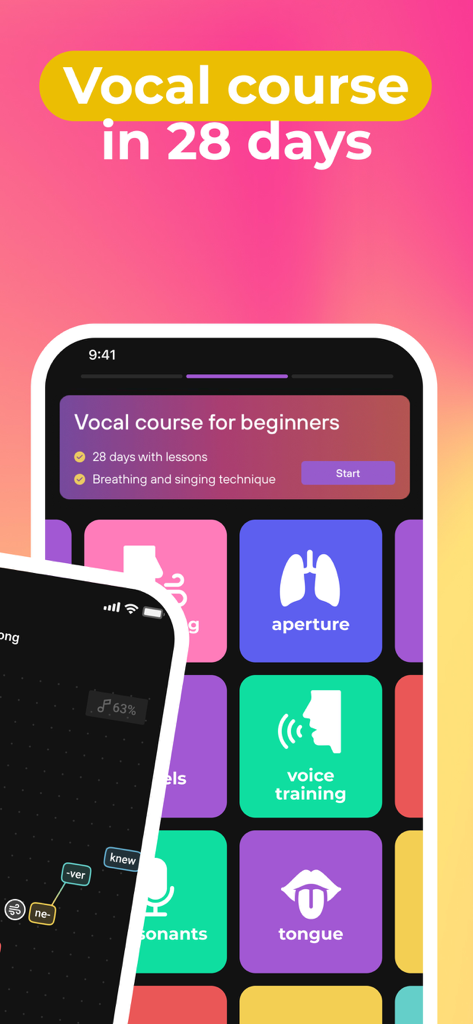 Learn to sing with Vocaberry - Vocaberry mobile app interface displaying a 28 day vocal course and singing exercises