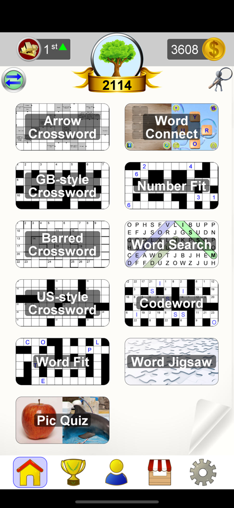 Arrow Crossword & Other Games - Main menu screen showing a collection of word and logic games including crosswords, word search, and codewords.