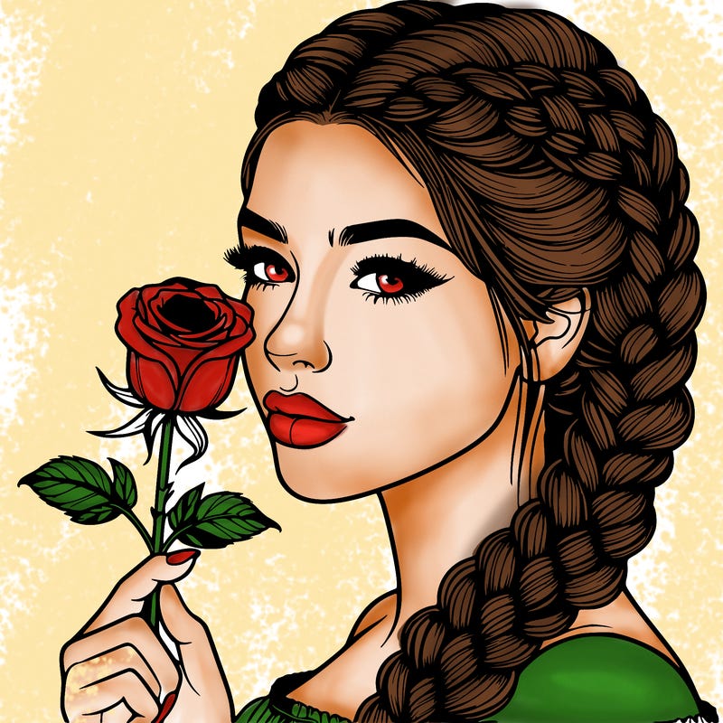realistic woman with braids holding a single rose