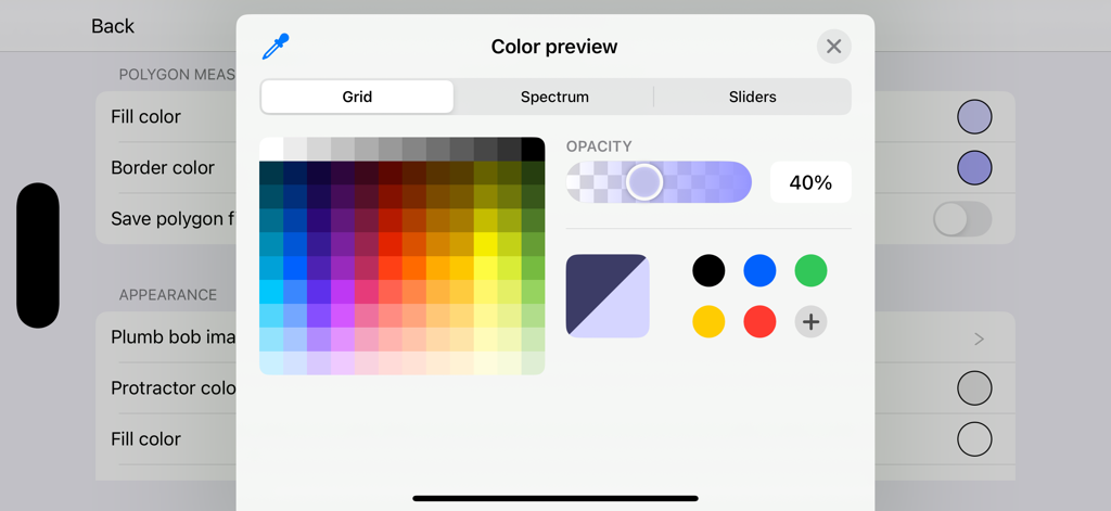 Protractor Smart - Interfaz para personalizar colores y opacidad en la aplicación Protractor Smart