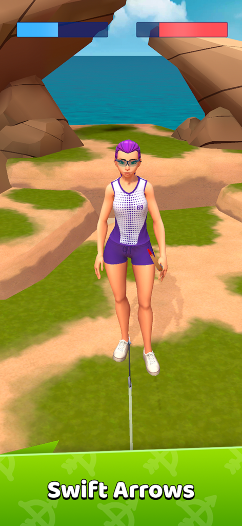 Archery Clash! - Archery Clashモバイルゲームの3D沿岸アリーナにいる女性アーチャーキャラクター。